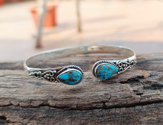 Blue Copper Turquoise Bangle, 925 Silver Bangle, Best Friend Gift, Handmade Turquoise Jewelry, Double Stone Bangle, Dainty Necklace, Gift